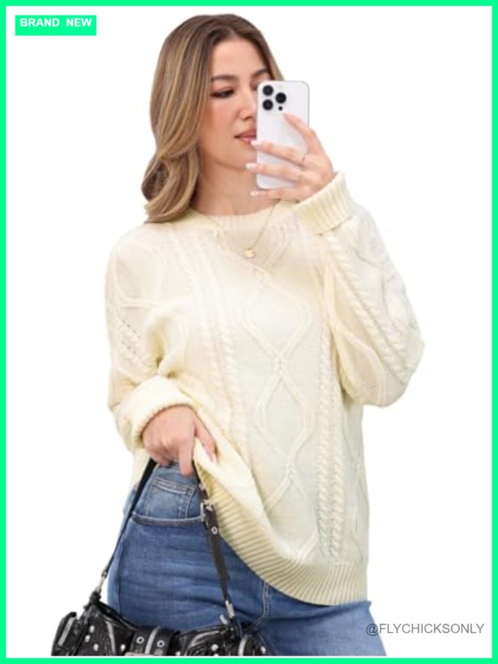 Women's Oversized Cable Knit Chunky Pullover Sweater Crew Neck - Picture 5 of 6
